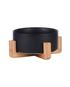 黑色陶瓷餵食/水碗連高腳竹木碗架-DTW009
